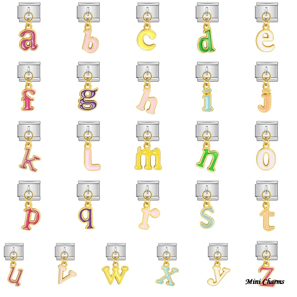 26 A-Z Englische Buchstaben Bunte Glasur Silberfarbener Anhänger Italienischer Charm Passend für 9mm Edelstahl-Armband DIY Perlen – Detail 1