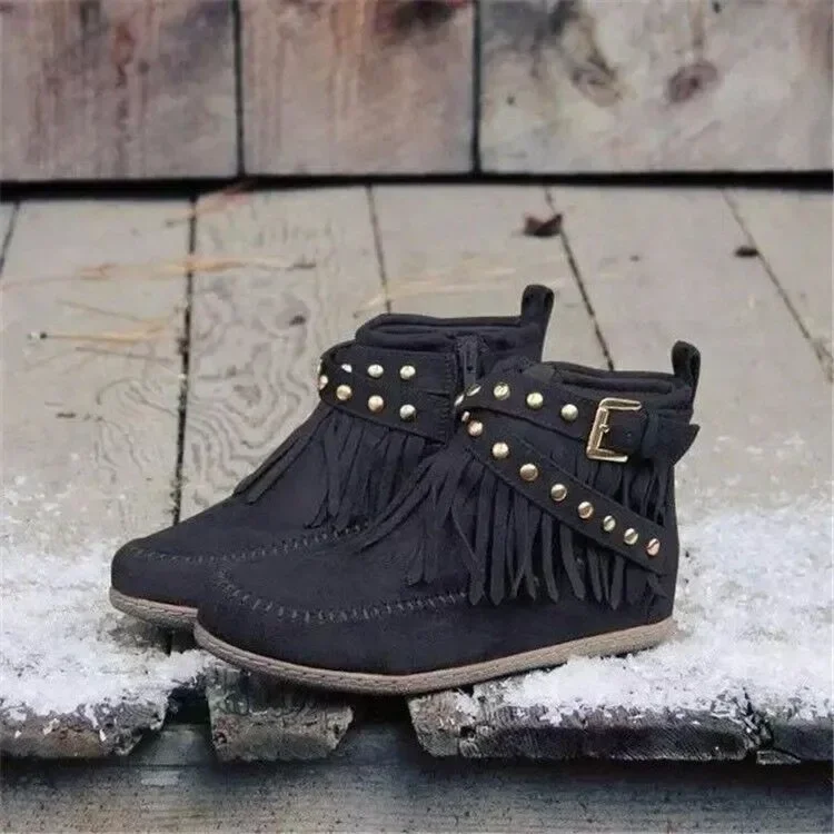 Bottes de rinçage en daim vintage pour femmes, franges, fermeture à glissière latérale, chaussures décontractées, Parker rond, bottes de neige pour