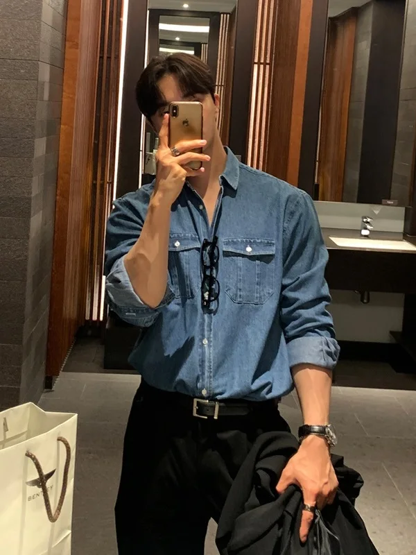 

Men's Long Sve Workwear Denim irt Korean Sle Light Maturi Faion High End Feeling Briti Ele Cool Guy Top Trend