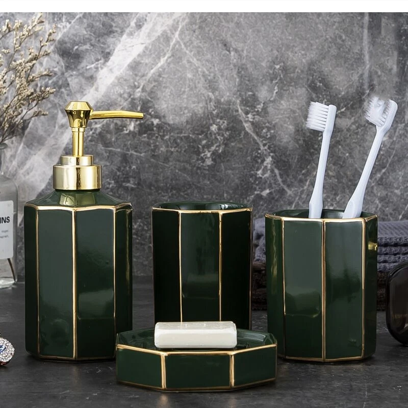 European style simple light luxury green bathroom ceramic 4 piece set supplies toothbrush holder gift box packaging