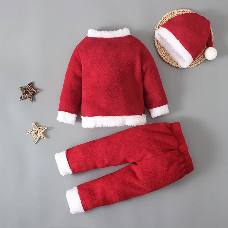 Boys and girls long sleeves Christmas kids Santa Claus shirt, pants and hat three-piece set