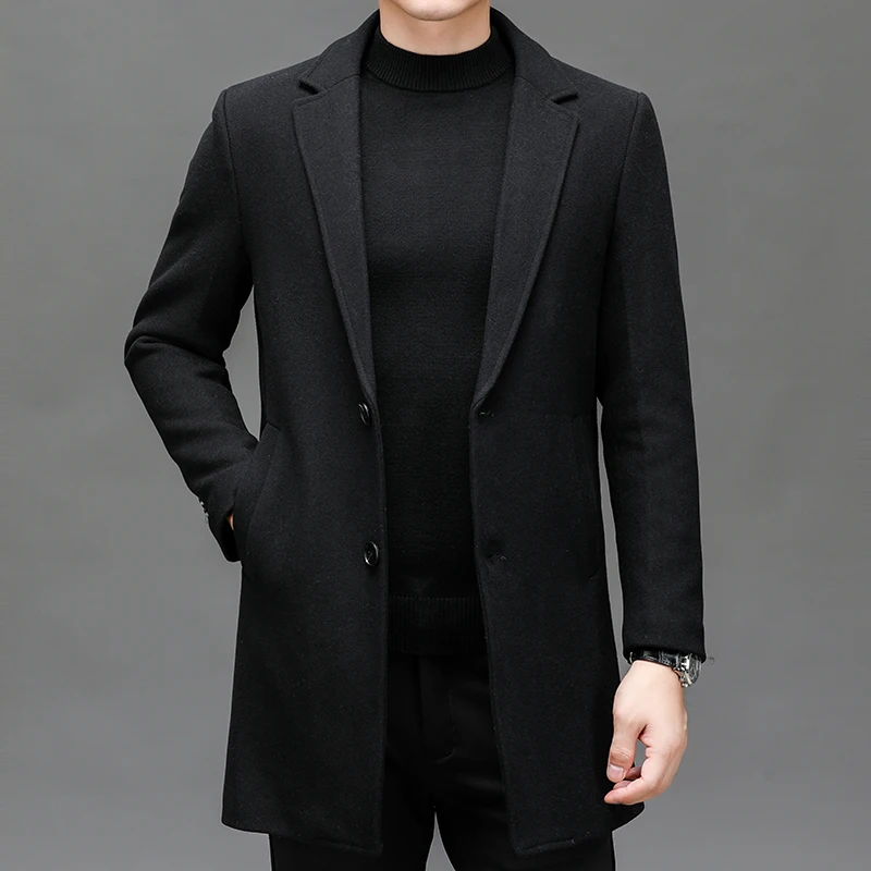 

Winter Autumn Men Black Gray Wool Coat Notched Collar Single Breasted Woolen Blend Overcoat Male Effortless Outfits Smart Casual