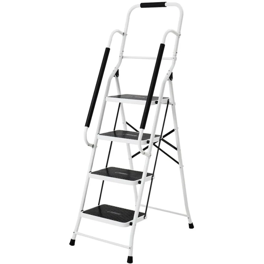 Escalera de seguridad plegable de 4 escalones - Acero resistente, peldaños antideslizantes, pasamanos acolchados - Diseño que ahorra espacio - Perfecta para interiores a