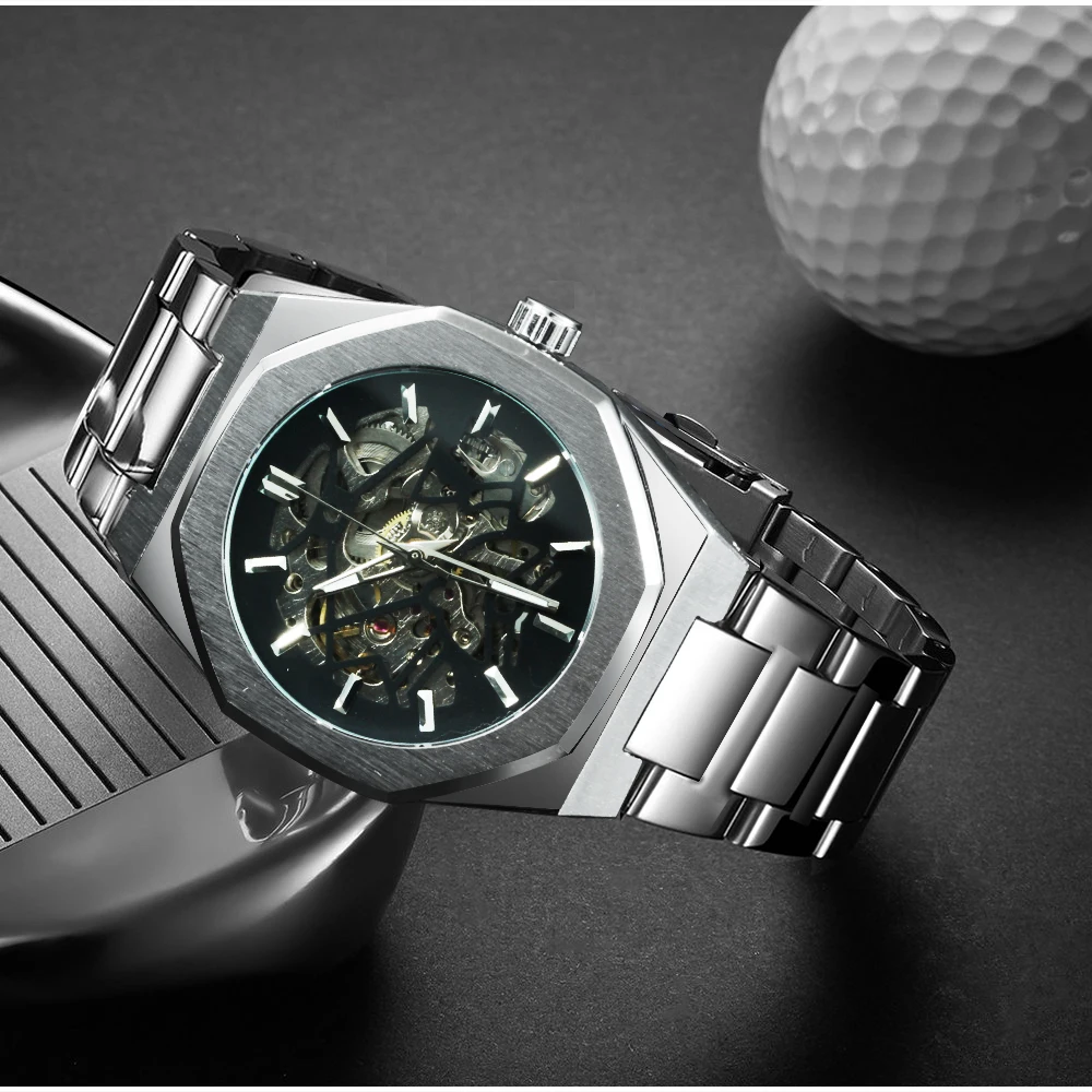 ساعة WINNER Business للرجال، ساعات ميكانيكية أوتوماتيكية بهيكل عظمي، حزام من الفولاذ المقاوم للصدأ، عقارب مضيئة، ساعة كلاسيكية