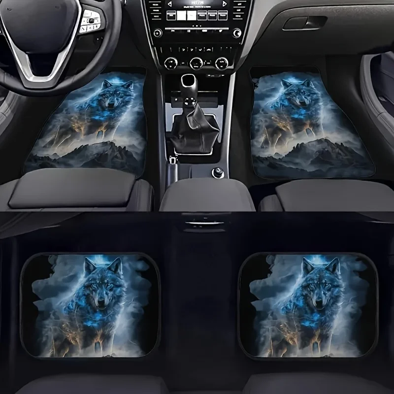 4pcs Wolf-Themed Car Floor Mats - Mystical Mountain & Forest Design, Durable All-Season Protection For Front & Rear Seats, Styli