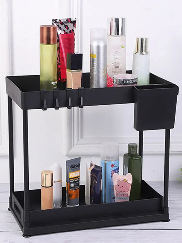 2-layer Drawer Style Storage Box with Hook Under-sink Storage Box Bathroom Under-sliding Cabinet Basket Multi-purpose Organizers