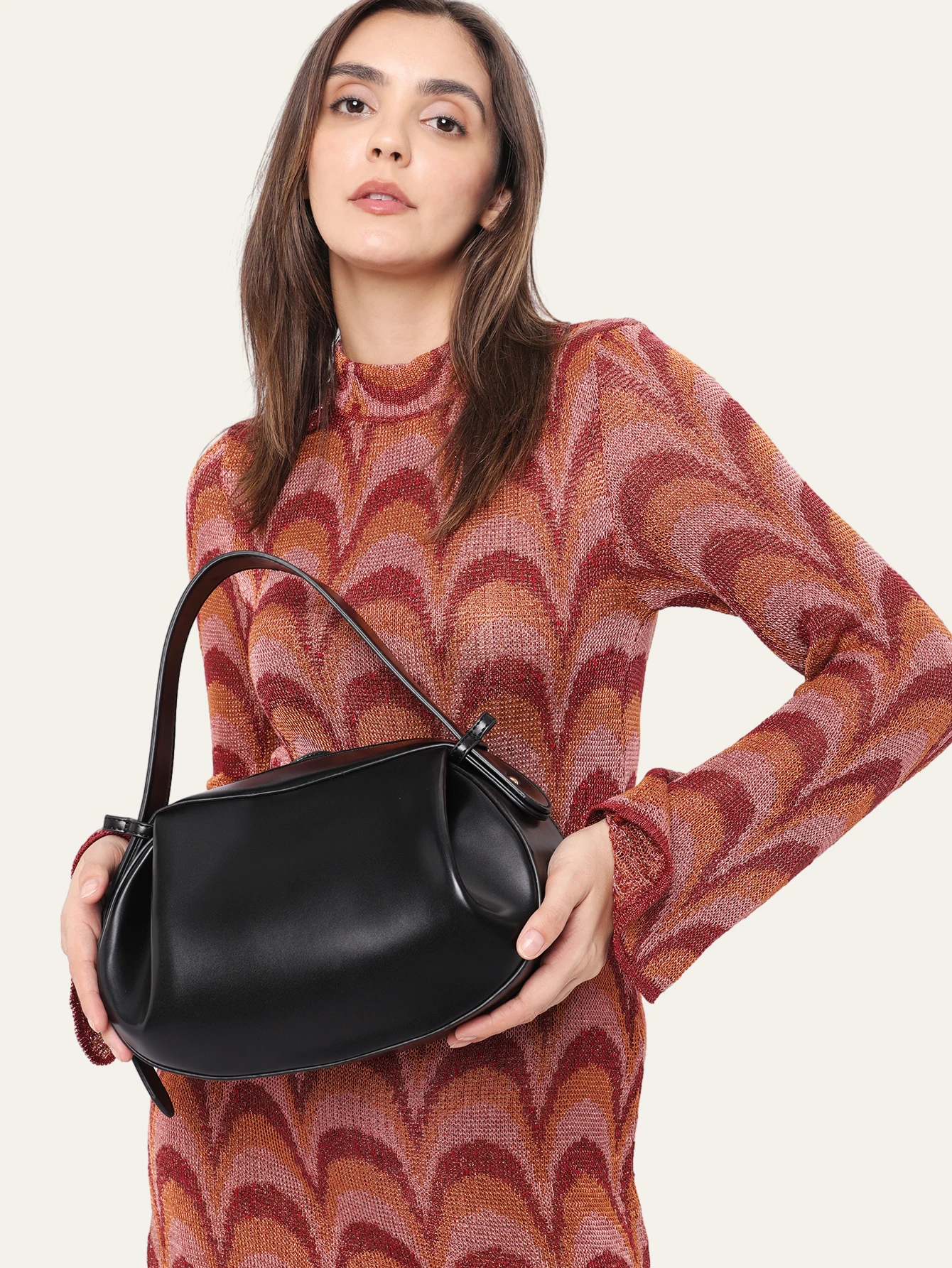 Niche Women PU Vegan Leather Top-handle Bag Rugby Shaped Solid Color Magnet Closure Short Handle Long Strap Crossbody Handbag