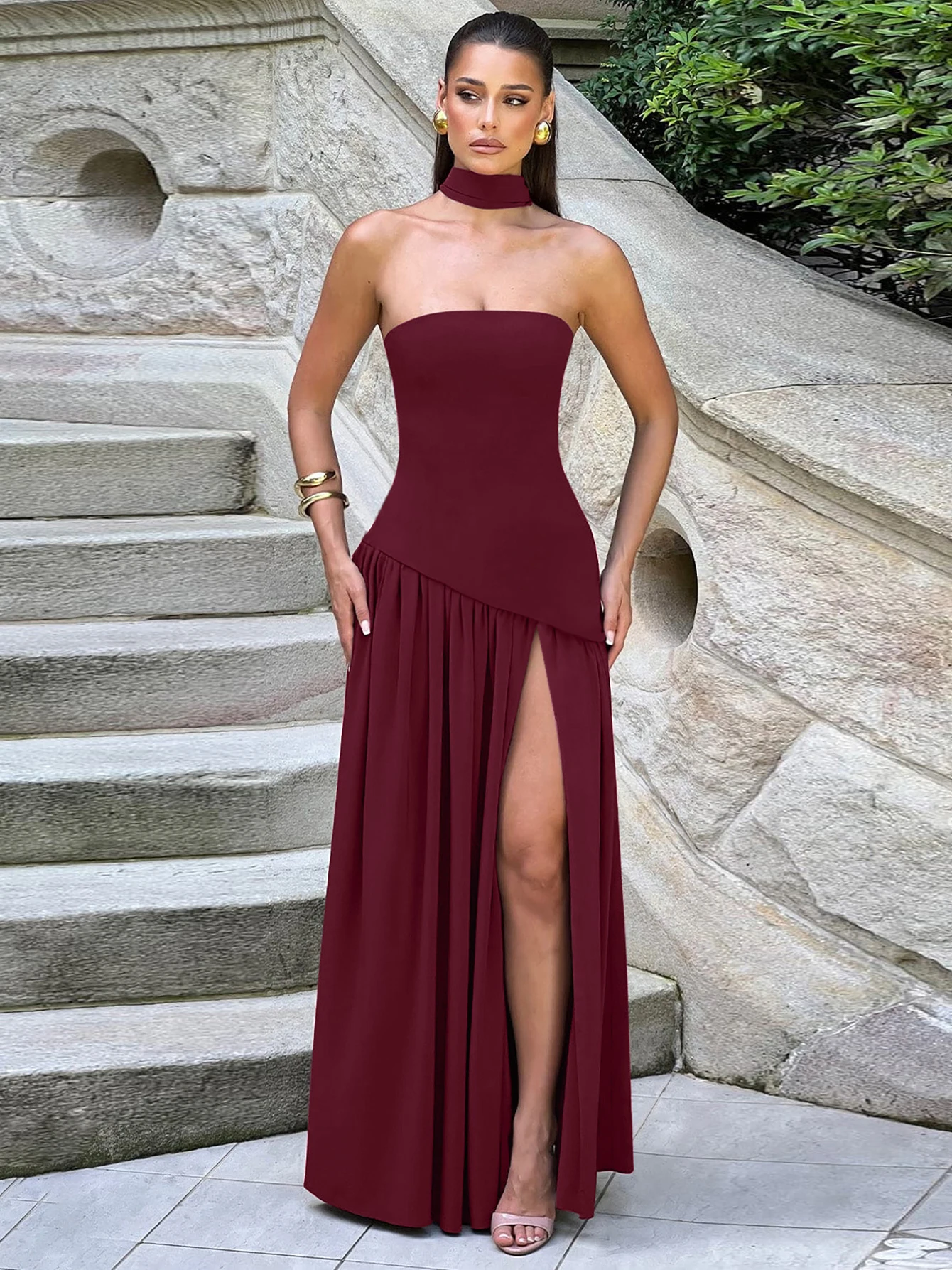 Hugcitar Modisches Einfarbiges Trägerloses Rückenfreies Sexy Schlitz-Plissee-Maxikleid für Damen Neue Kleidung für Abendpartys und Urlaub