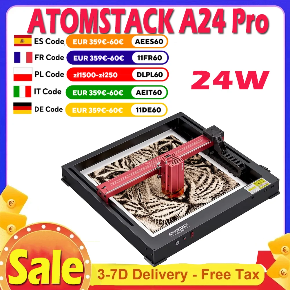 ATOMSTACK A24 Pro 24W Laser Engraver Cutter 365x305mm Fixed Focus Laser Printer 0.02mm Precision 600mm/s Engraving Machine