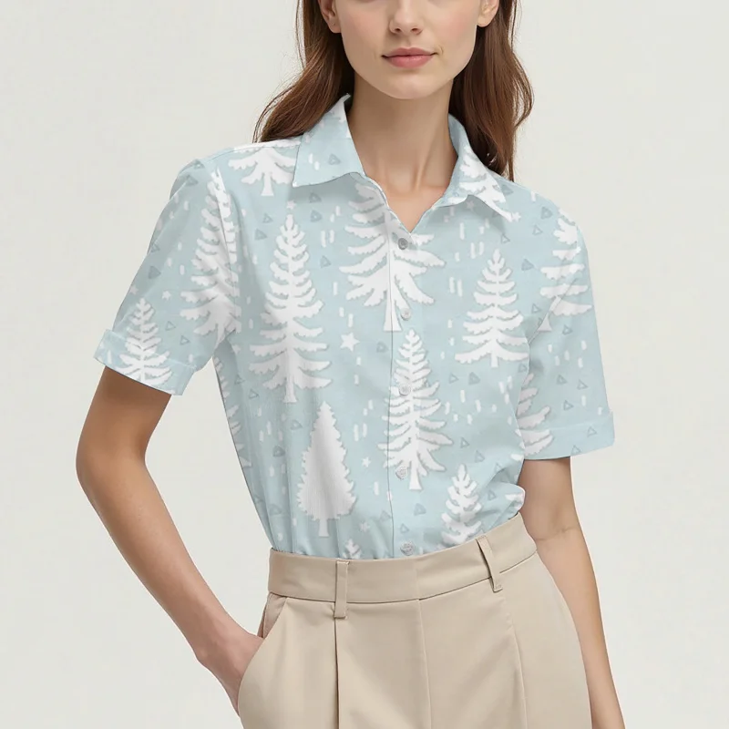 Christmas Snowflake and Christmas Tree Print Women's Regular Short-Sleeve Shirt, Simple and Stylish for Everyday Wear