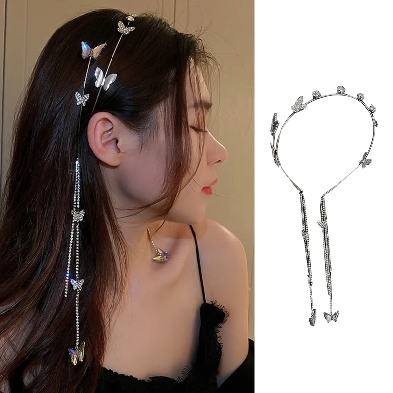 

Rhinestone Hair Band Butterfly Hair Band Shinning Long Tassel Hoop Headband Thin Headband for Girls Hair Accessories M6CD