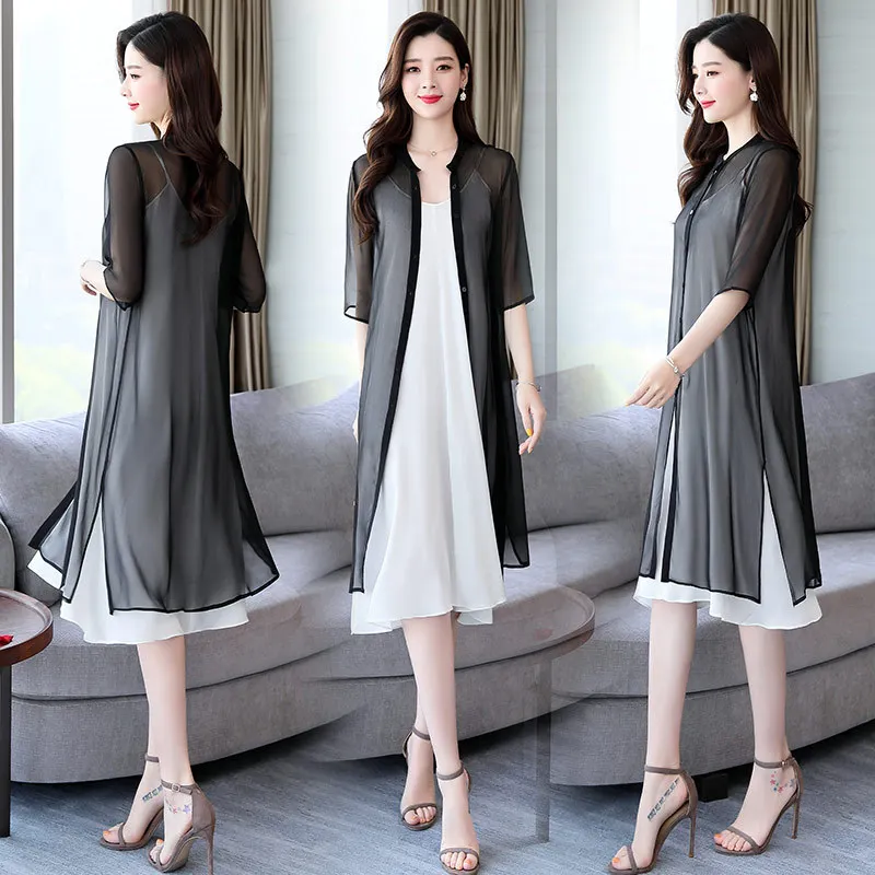 2218 Summer Thin Type Sunscreen Silk Half Sleeve Split Side Hem Silk Long Single Row Cardigan Shawl Dress