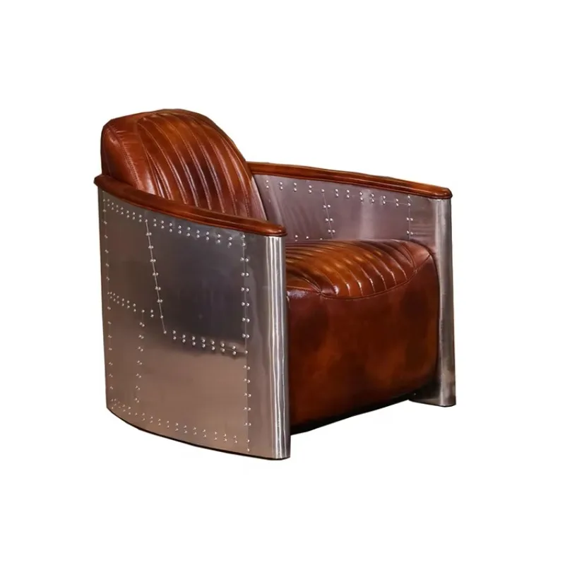 Deluxe Art Deco Leather Armchair Dark Brown Antique Aluminum Leather Cover Single Seat Pilot Sofa