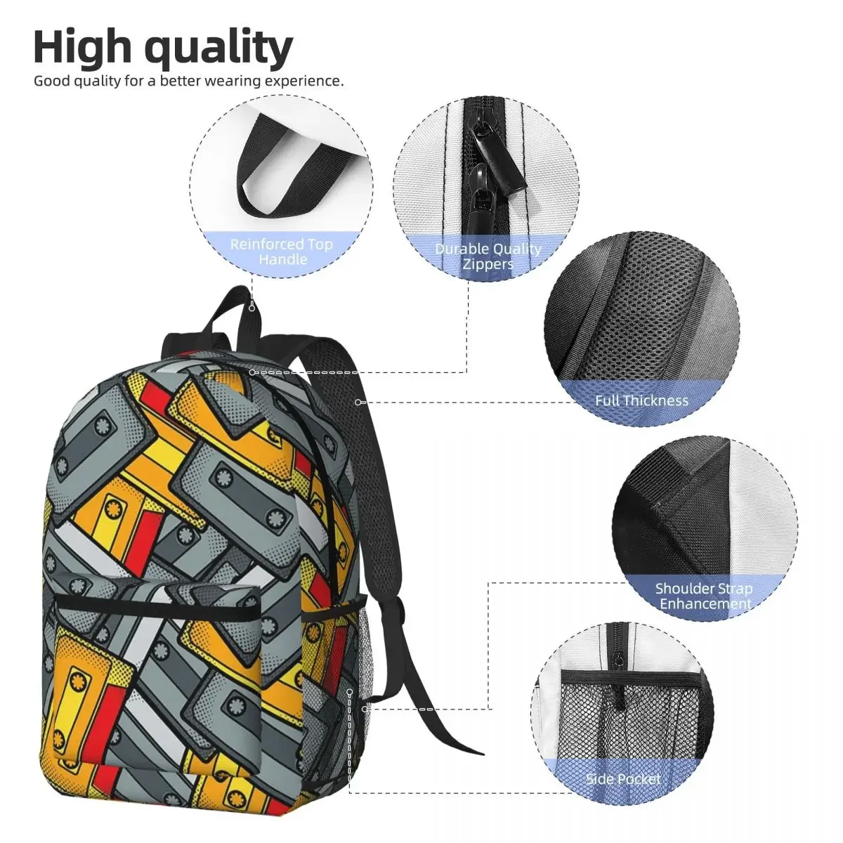 Compact Cassette Cartoon Pattern Backpack Daypack Large Capacity Children BookBag School Bag Shoulder Bags for Men Women
