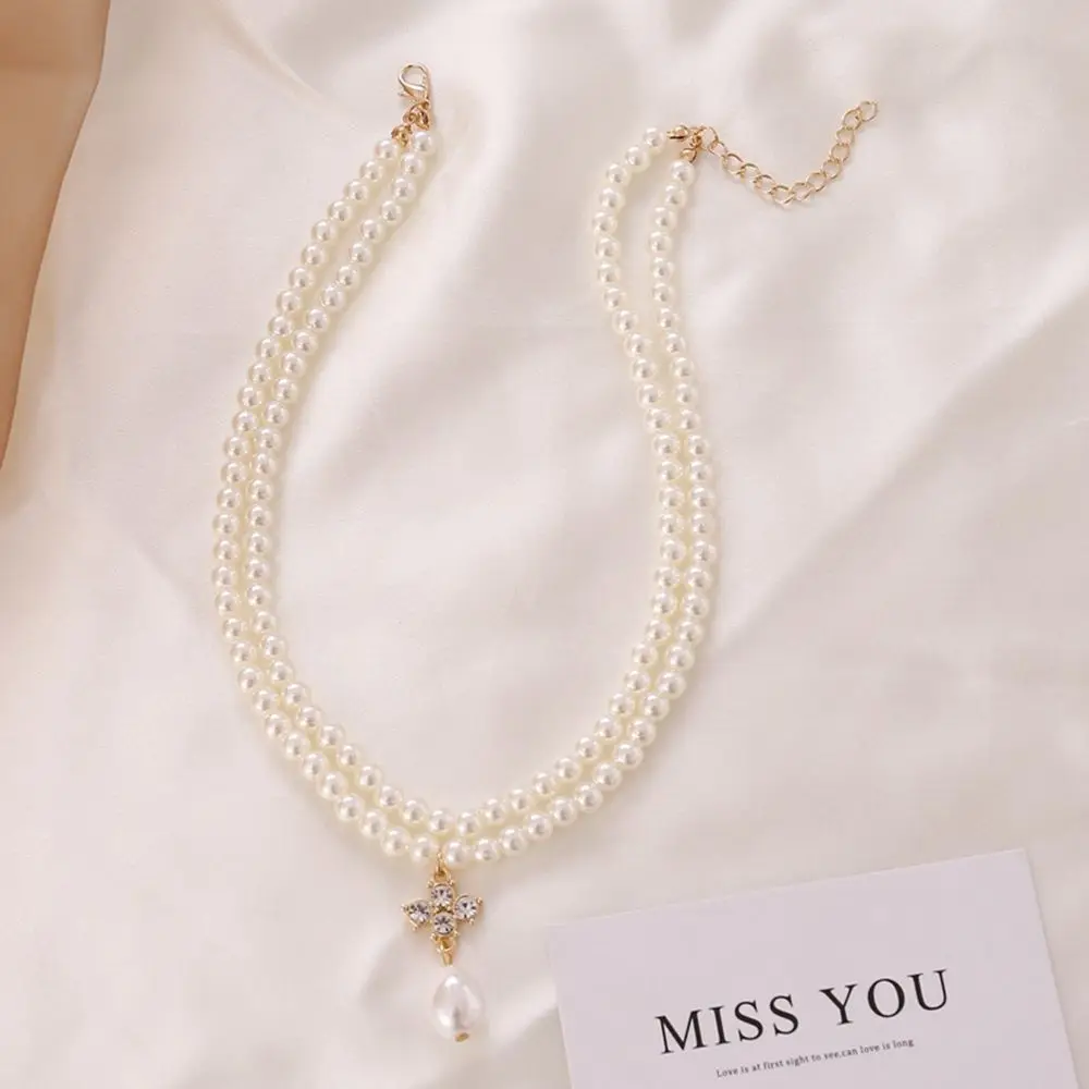 Jewelry Gift Sweater Chain Rhinestone Simple Alloy Korean Style Necklace Pearl Necklace Female Clavicle Chain Double-layer