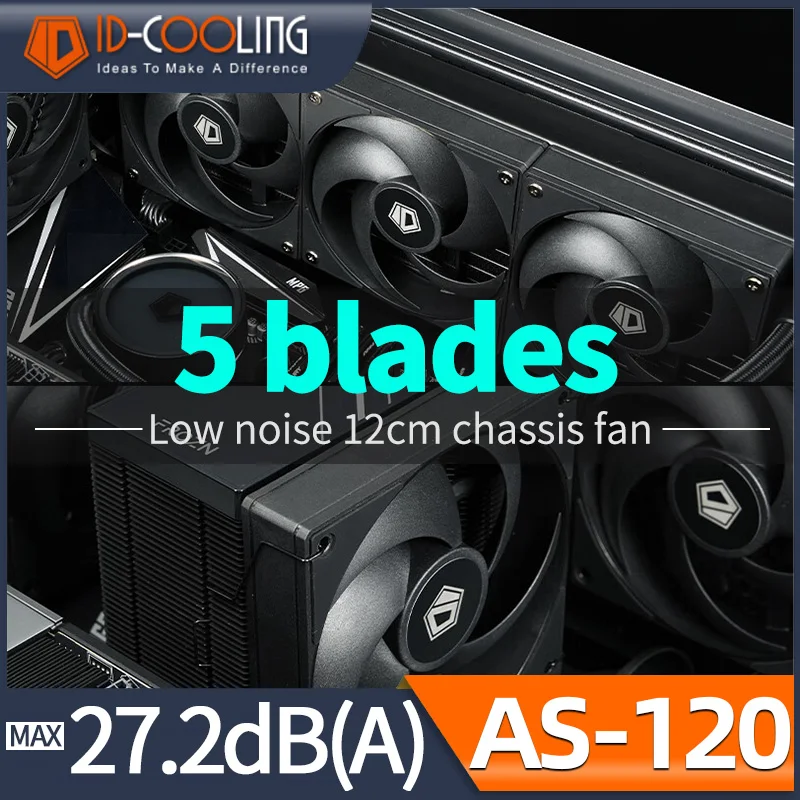 ID Cooling AS 120 Low Noise 12cm PC Case Fan 5 Leaves Silent Design PWM 300-2000rpm Can Use for CPU air/water Cooling Radiator