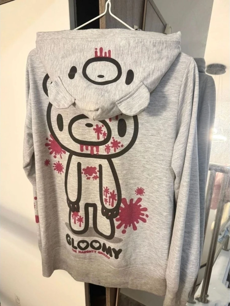 Sudaderas con Estética Y2K, Orejas de Oso, Manga Larga, Bolsillos, Estampado de Dibujos Animados, Sudaderas con Capucha, Tops Punk Góticos, Ropa Casual Gruesa para Mujer