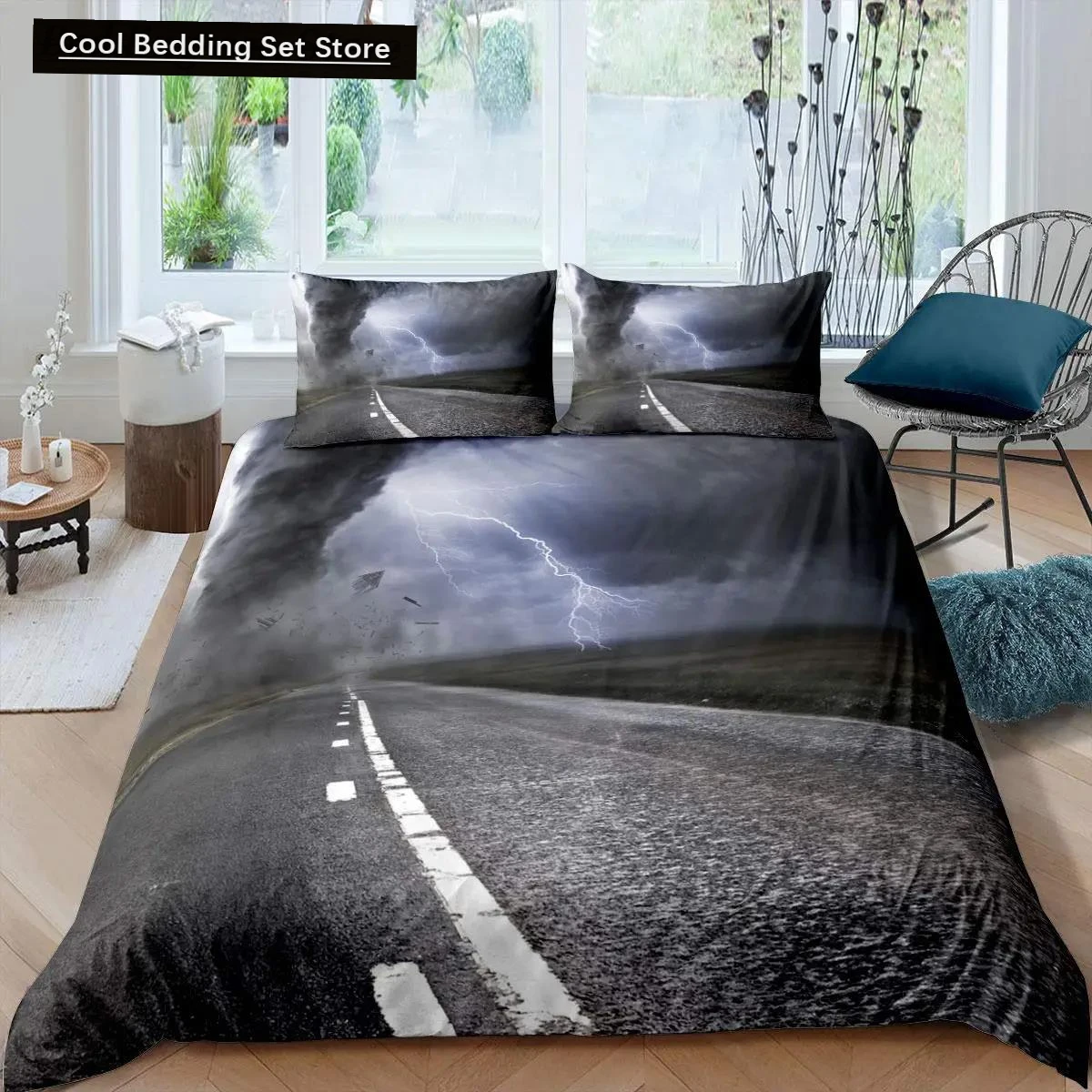 Highway Duvet Cover Set Tornado Lightning Bedding Set Disaster Queen King 2/3 Pcs Polyester Quilt Cover for Adults Boys Teens