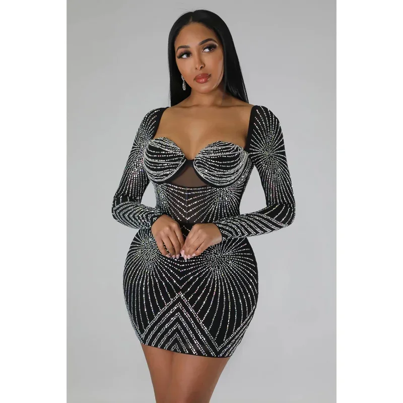 

KEXU Sparkly Crystal Rhinestone Birthday Dress Club Night Sexy Mesh Sheer Square Neck Backless Party Bodycon Mini Women Dress