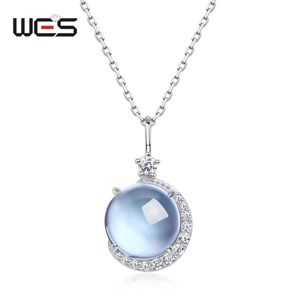 WES Natural Stone Moonlight Blue Topaz Pendant Necklace for Woman 925 Sterling Silver Engagement Gift Wholesale Luxury Jewelry