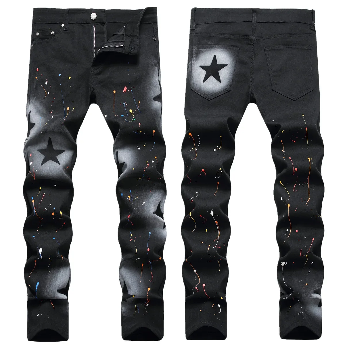 

chareiharper plus size 1315 Men's jeans hand painted gun spray five-pointed star color paint stretch black small straight leg