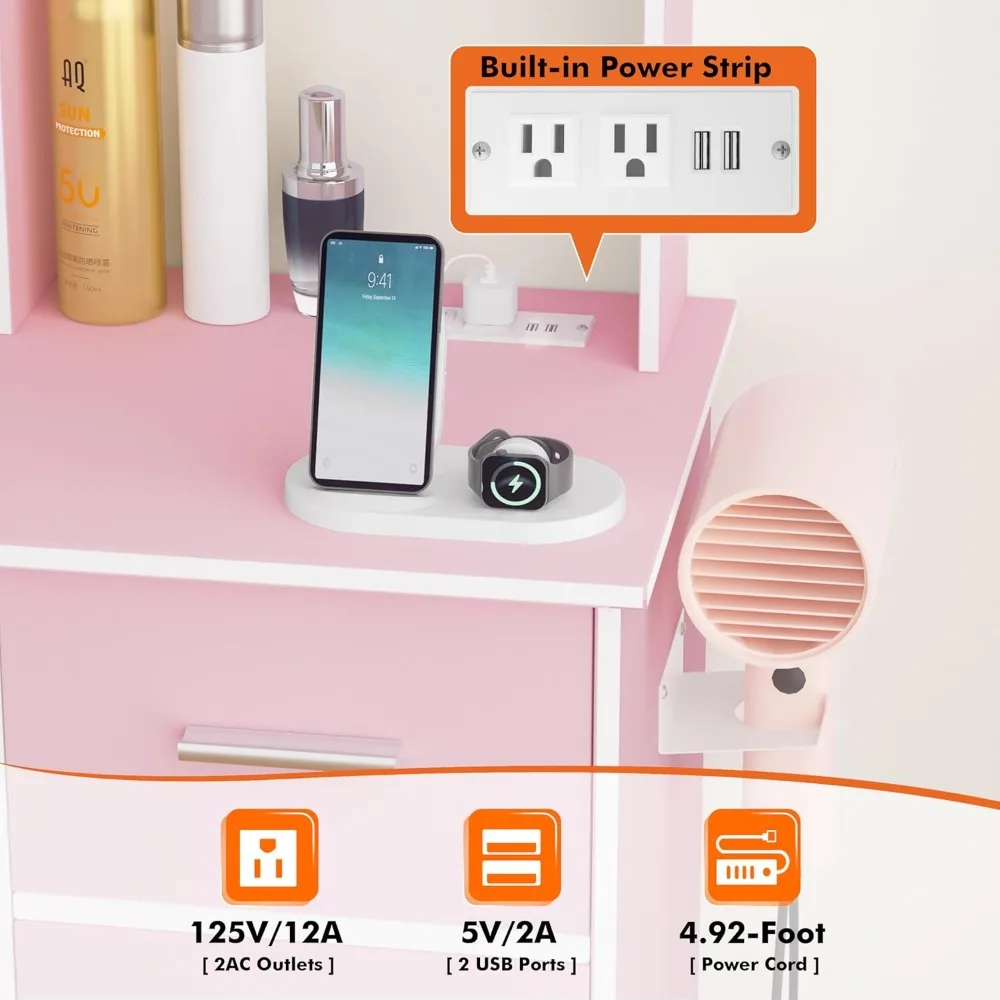 Beleuchteter Schminktisch mit zwei Spiegeln und Hocker, 3-Modus-Schminktisch-Set in Rosa