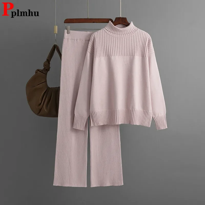 Women Turtleneck Sweater Pullover Soft Tops Casual Knit 2 Piece Sets Conjuntos Loose High Waist Pants Outfit Fall Winter