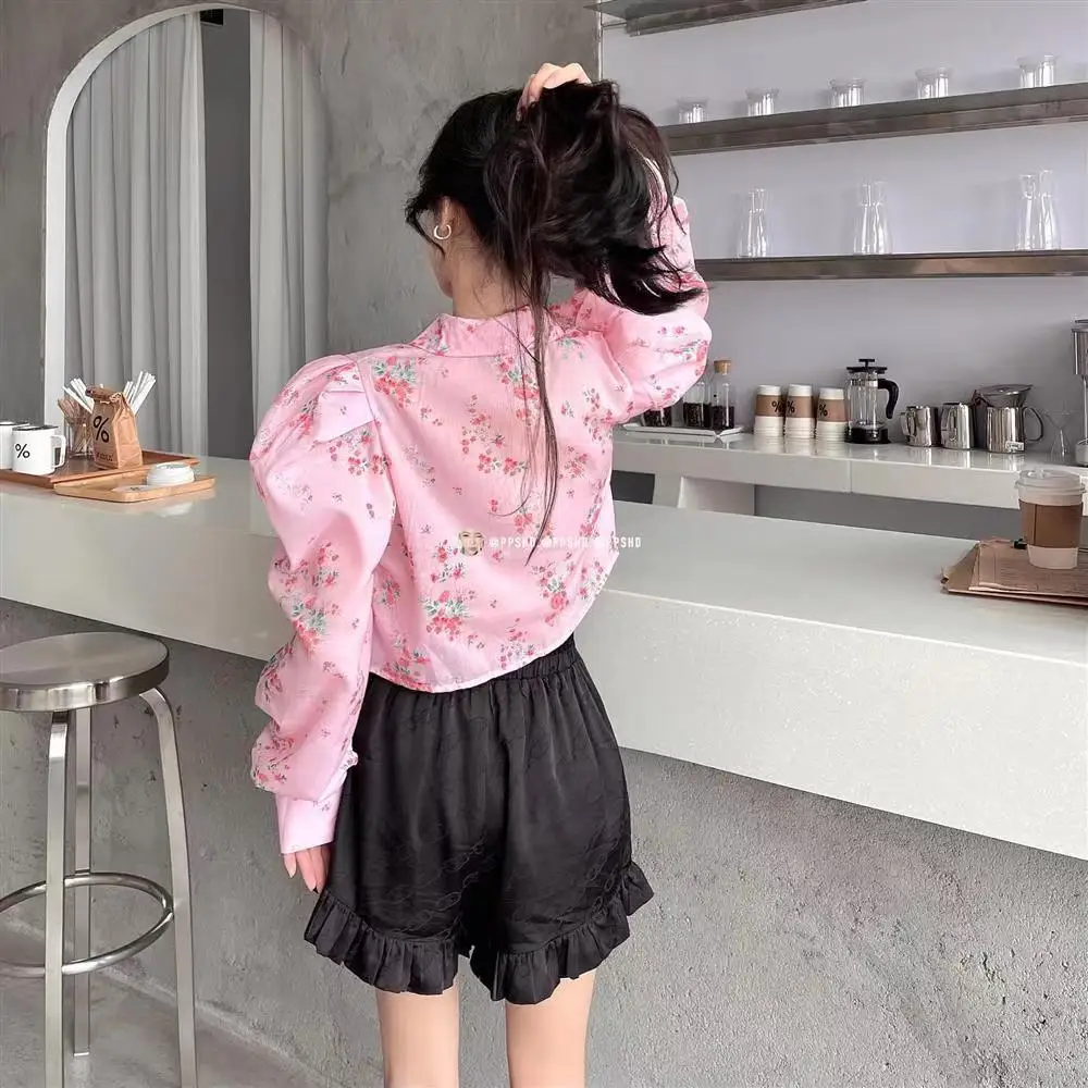 Sweet and Cool Girl Little Fragmented Pink Sweet Shirt Spring and Autumn 2023 New Bubble Long Sleeved Short Off the waist Top