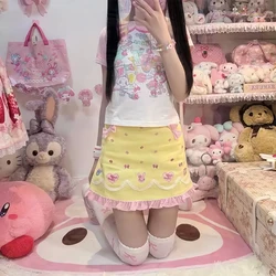 Japanese Mini Skirt Cute Sweet Girls Short Sleeves Yellow Skirts Harajuku Women Lolita Kawaii Cartoon Y2k Summer 2024 Skirts