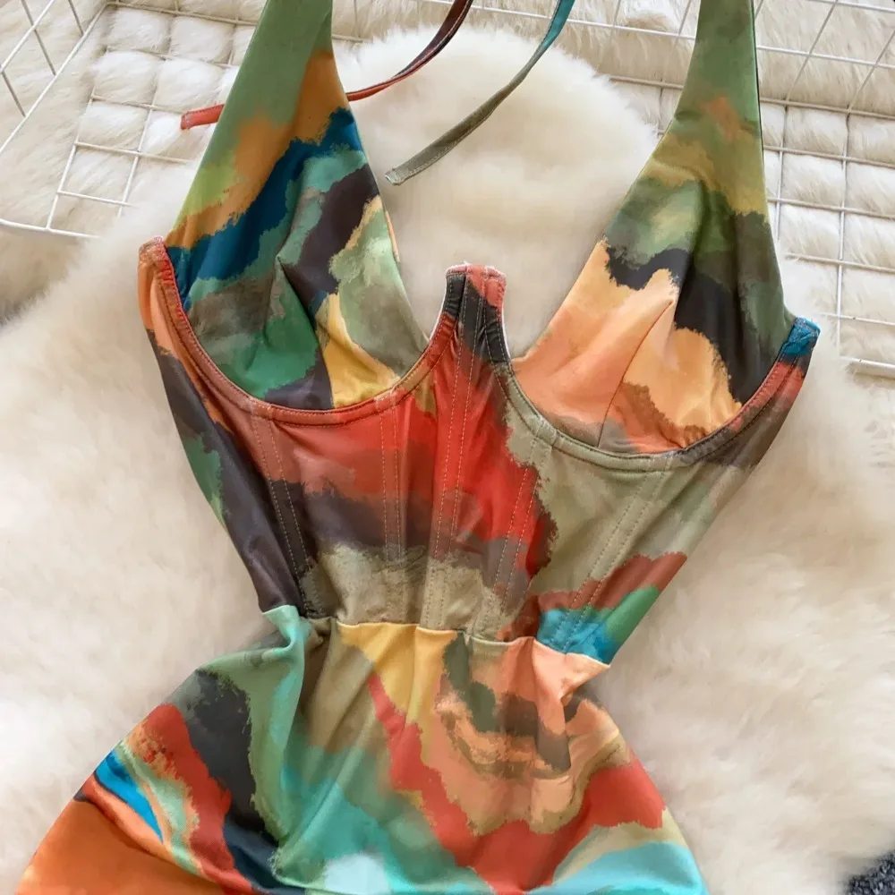 Hotsweet elegante sem mangas sexy halter bandagem com decote em v impressão chique split assimétrico vestidos finos noite roupas de rua alta