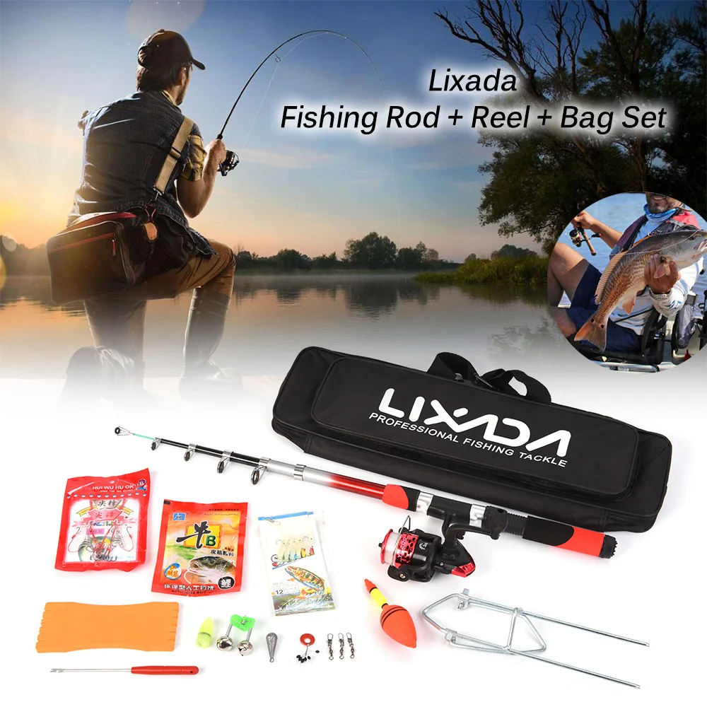 Lixada Fishing Tackle Set with 2.1m Telescopic Fiberglass Fishing Sea Rod Spinning Fishing Reel Fishing Baits Hooks Fishing Bag