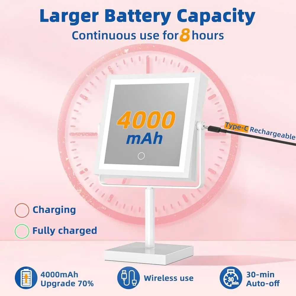 مرآة زينة LED بارتفاع قابل للتعديل مع بطارية 4000 مللي أمبير في الساعة، تكبير 1X/10X، 3 ألوان فاتحة، و360 ° دوران (أبيض) #2