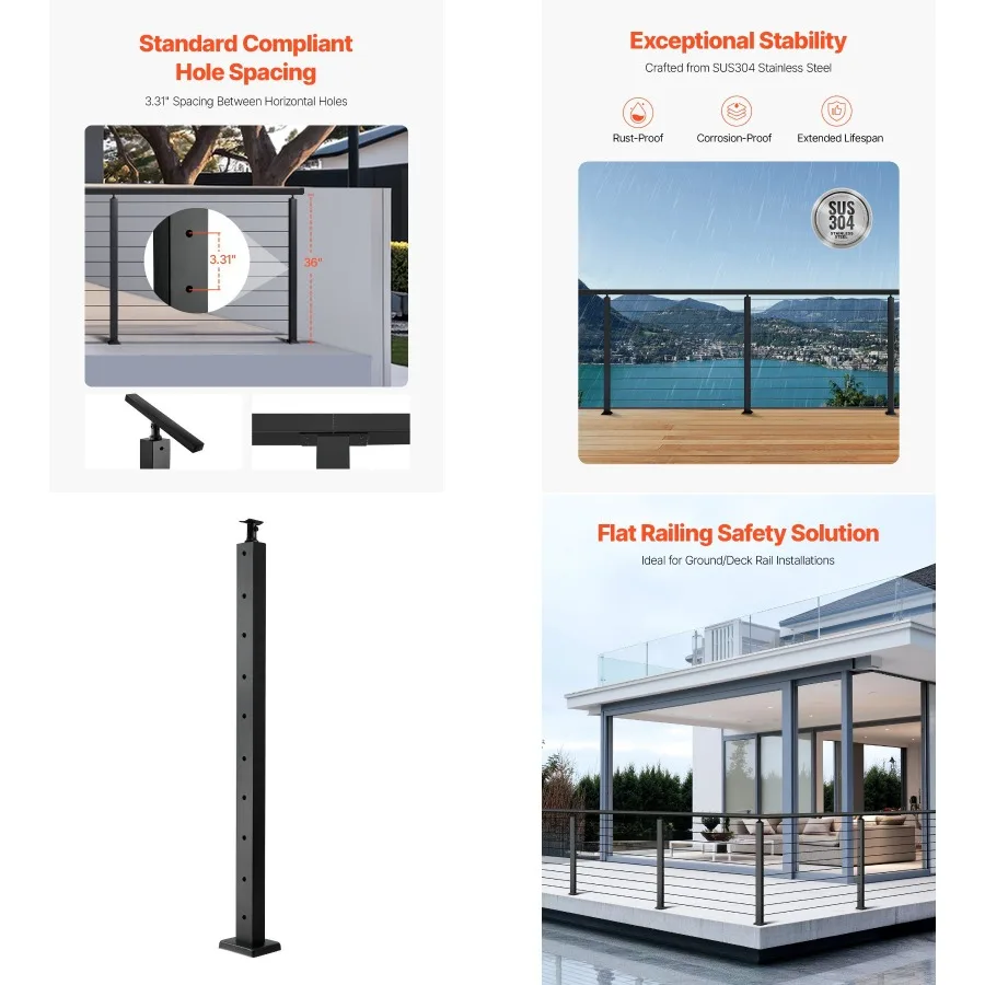 

VEVOR Cable Railing Post 36x1x2 Inch Level Deck Stair Posts 1Pack Stainl Steel Cable Handrail Post PreDril Pickets with Mountin