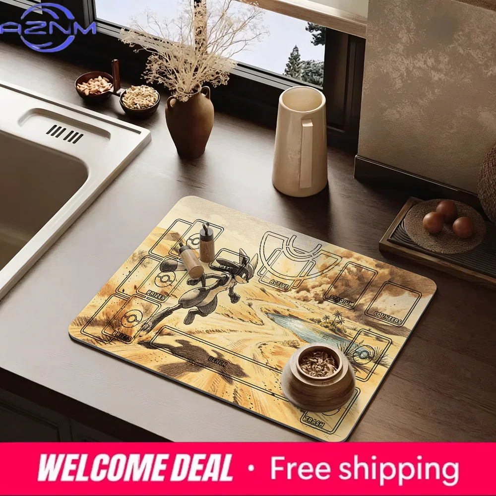It seems that the content you provided is a picture of a Pokémon-themed game mouse pad/playmat (featuring Lucario, the Aura Poké