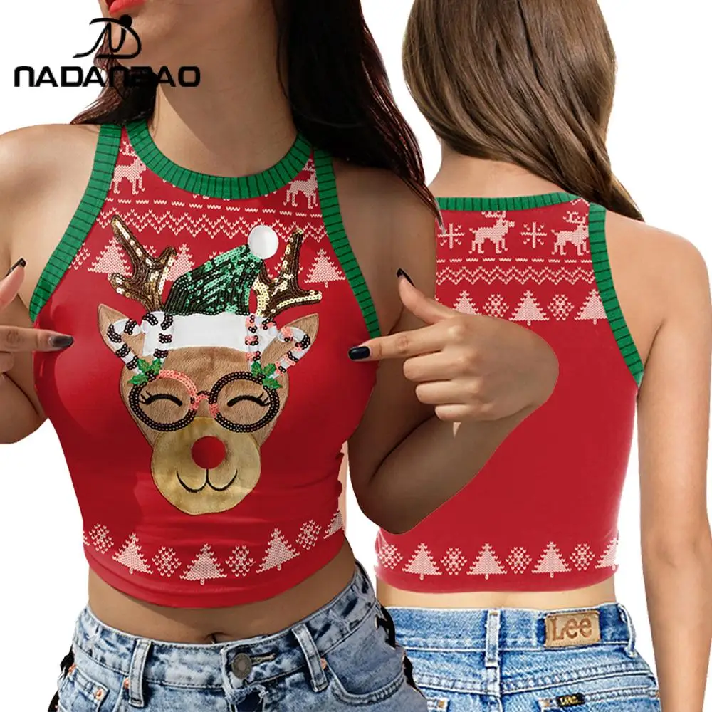

NADANBAO Elk 3D Digital Print Crop Top Merry Christmas Woman Sleeveless Shirts Girls Sexy Streetwear O-neck Fashion Streetwear