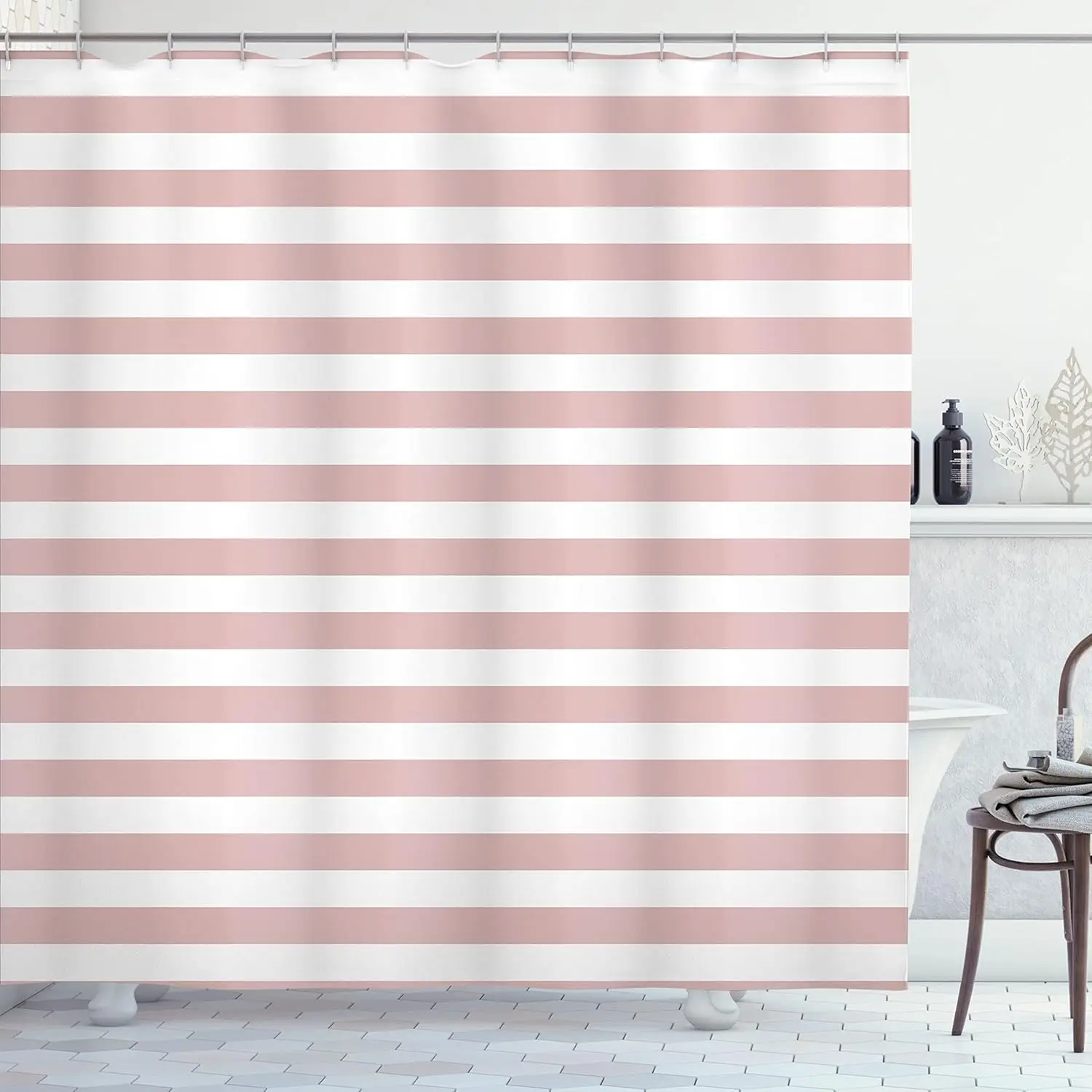 

Pink White Striped Shower Curtain Modern Minimalist Design Bathroom Decor Waterproof Fabric Gender Neutral Style Home 150x210