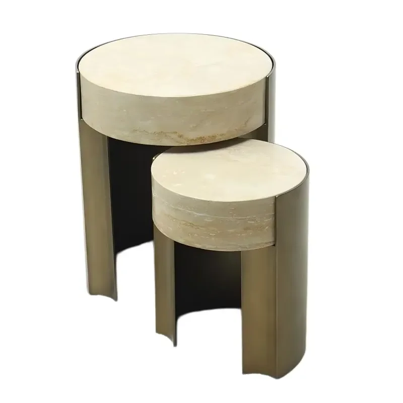 Modern Foldable Corner Coffee Table Set Bedside Cabinet Small Size for Living Room Bedroom Hotel Use Travertine Carbon Steel