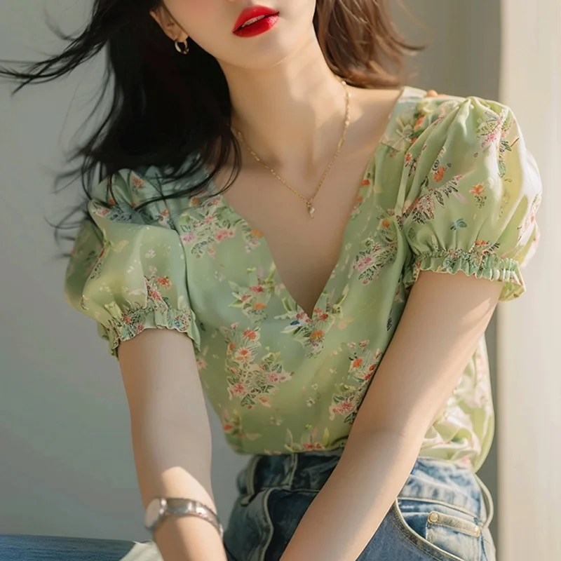 

Женская зеленая блузка с цветочным принтом, V-образным вырезом и пышными рукавами, элегантный винтажный шифоновый топ с коротким рукавом для летних образов в стиле кантри/садовый стиль