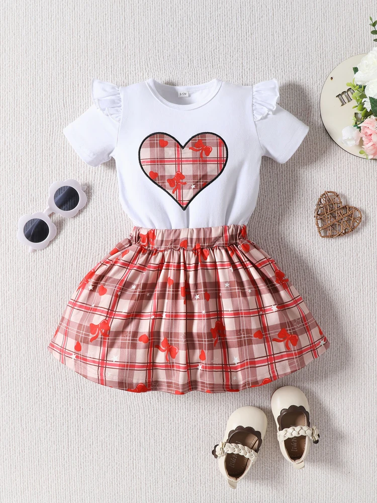 2pcs Baby Girl Summer Love Print Fly Edge Sleeve Round Neck Top Paired with Elastic Half Skirt Newborn Casual Clothing Set 6M-3Y