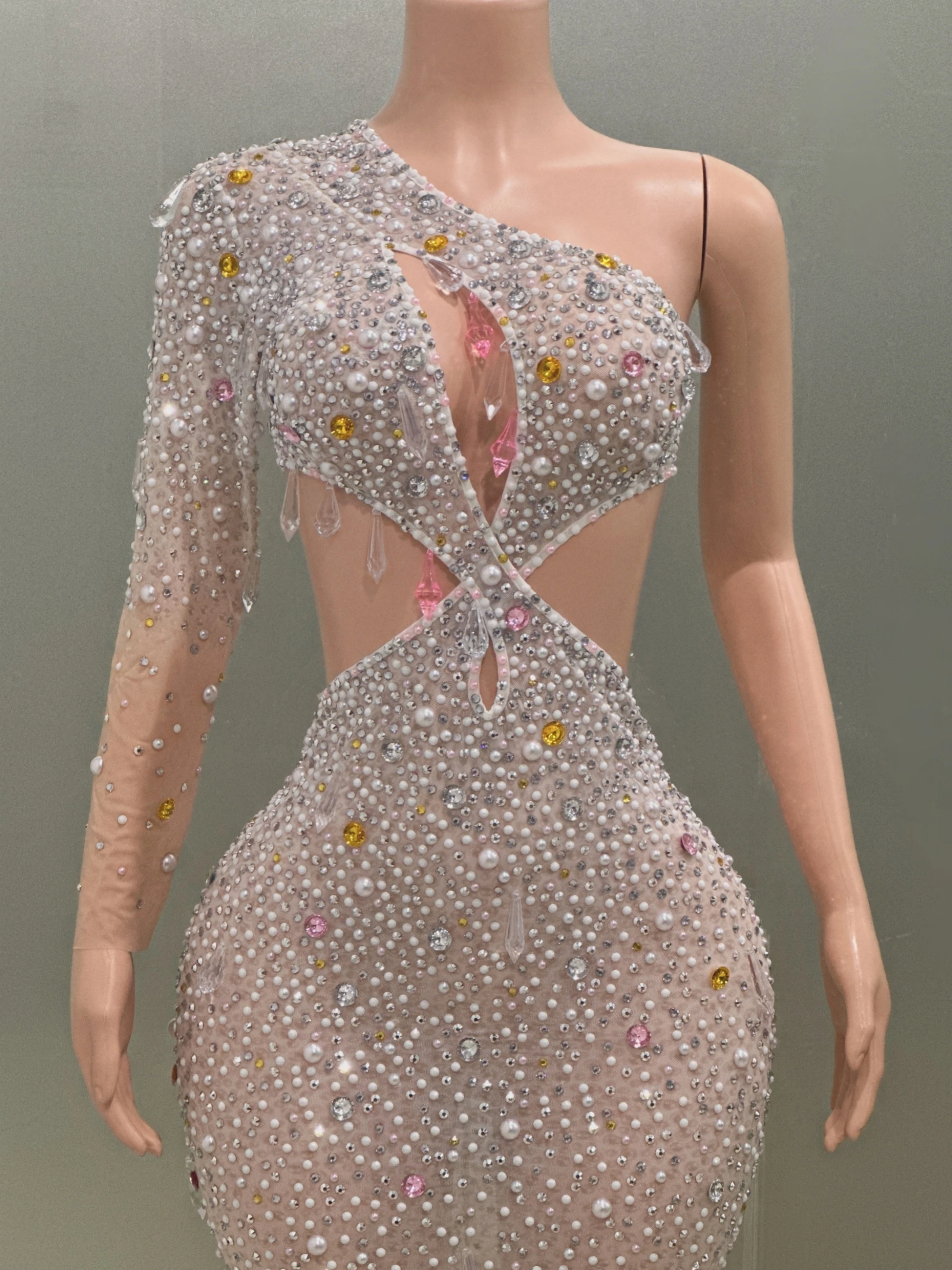 Sparkly Pearls Crystal Women Sexy Long Sleeve Floor-Length Bodycon Dress  Fashion Elegant Evening Party Celebration Dress