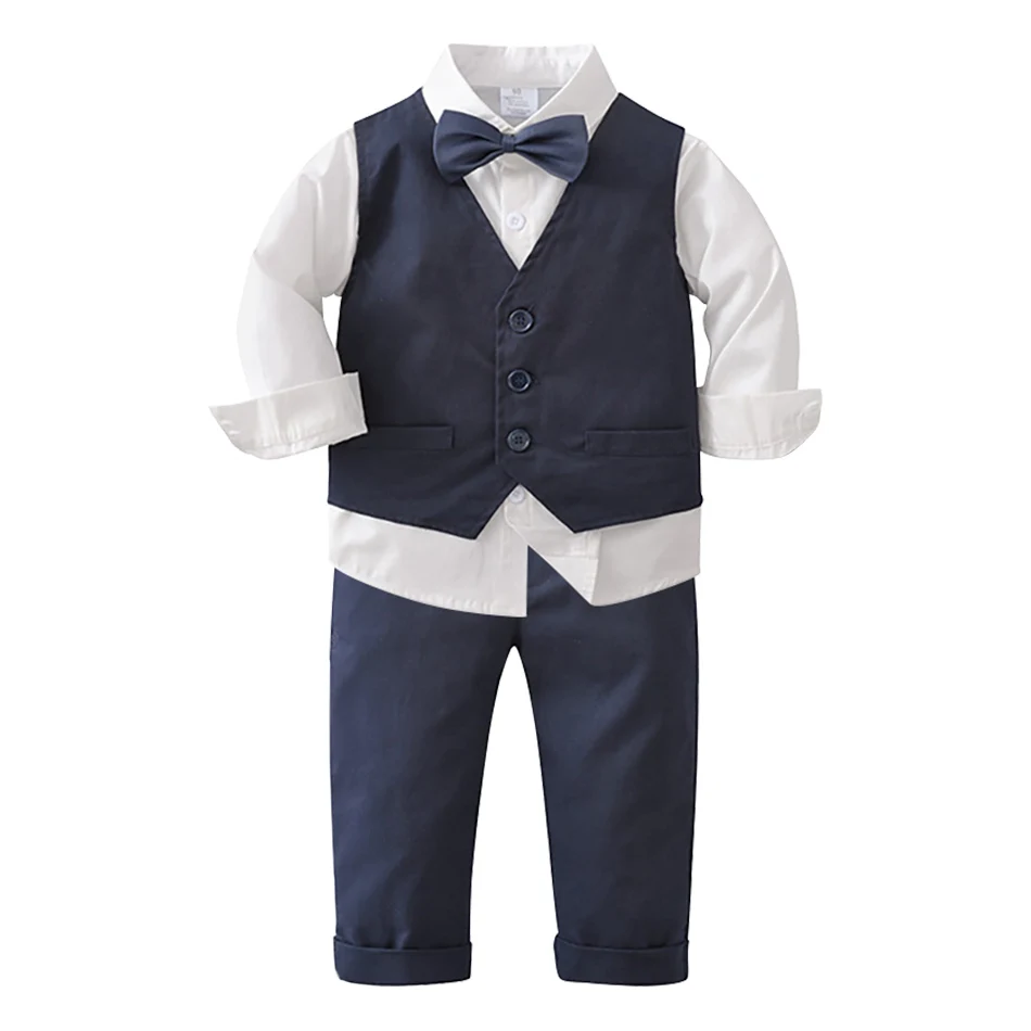 

Boys Hide Blue Long Sleeved Suspenders and Pants Gentlemanly Clothing Children Birthday Wedding Party Dress Suit Sets