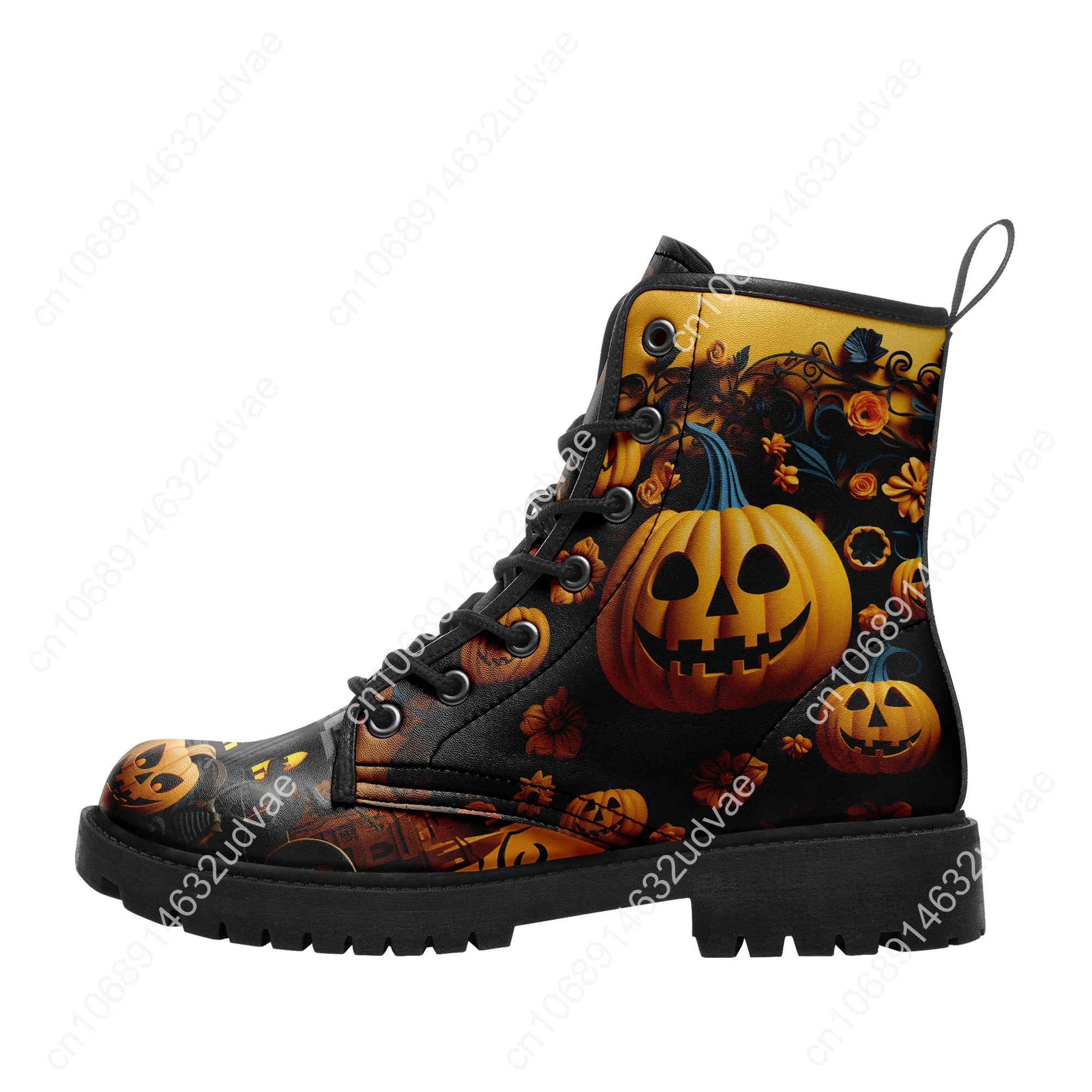 Sepatu bot atasan tinggi desain Halloween, sepatu bot cetak kustom sesuai permintaan pria dan wanita