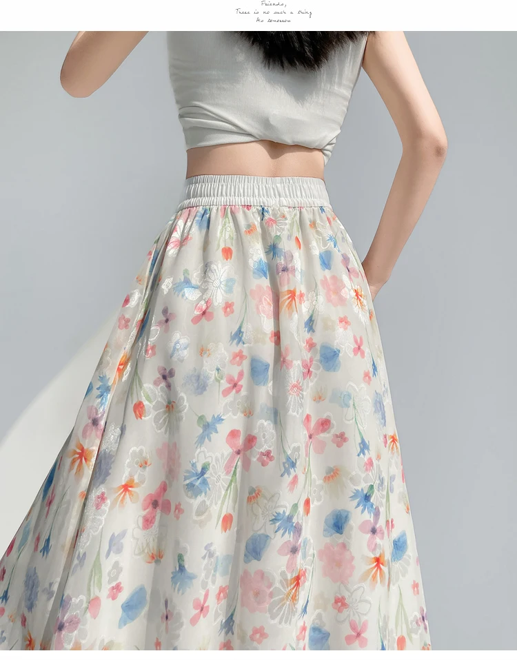 2025 Spring Summer Floral Bud Skirt Womens Midi Long Skirts Japan Style Mori Girl Cute High Waisted Lace Up Pleated Skirts