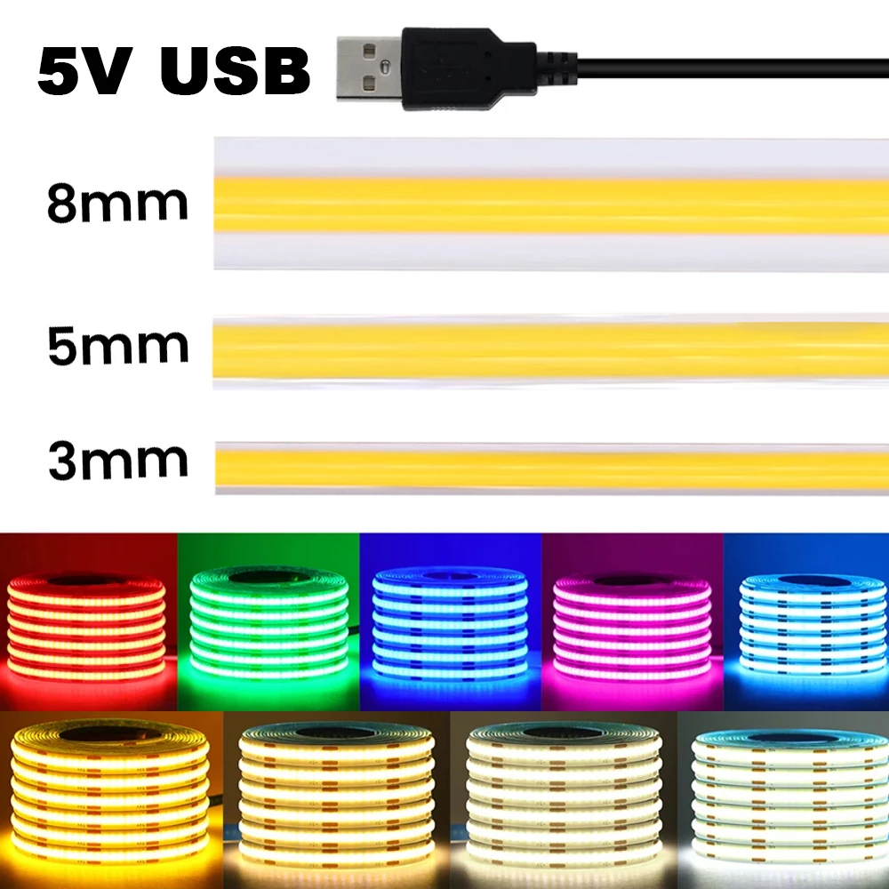 5V USB 3mm 5mm PCB COB LED Strip Light White/Red/Green/Pink/Ice Blue/Yellow TV Backlights DC5V 320Led Flex Night Lamp Home Decor