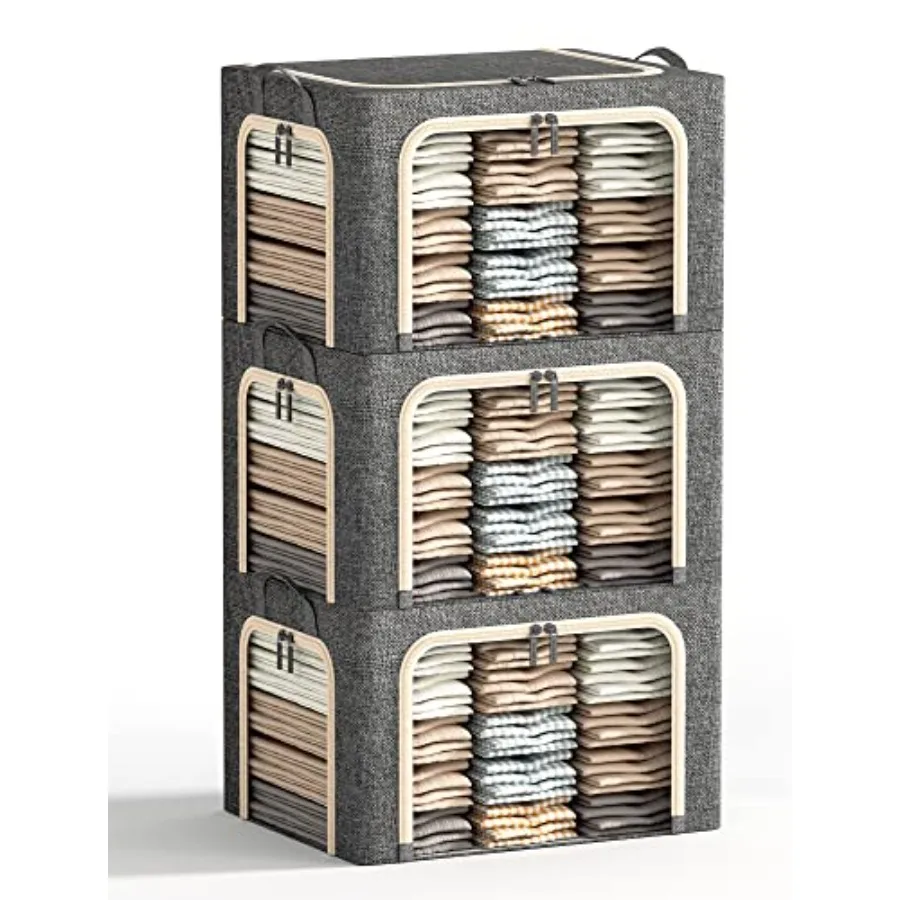 

3 Opeings Large Clothes Storage Bins with Metal Frame, Foldable Storage Bin for Clothes, Clothing Storage Bins with Lid, Linen