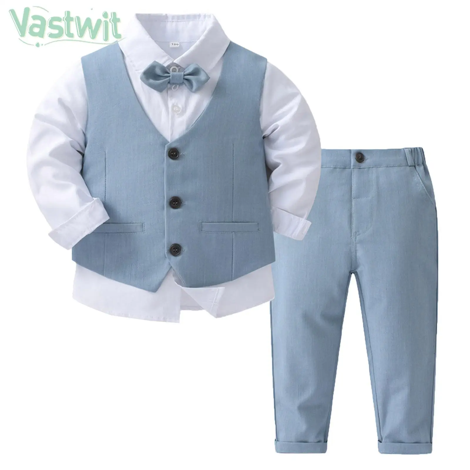 

Little Boys Gentleman Suit Long Sleeve White Shirt with Bow Vest Pants Formal Outfits for Baptism Birthday Wedding Party Prom