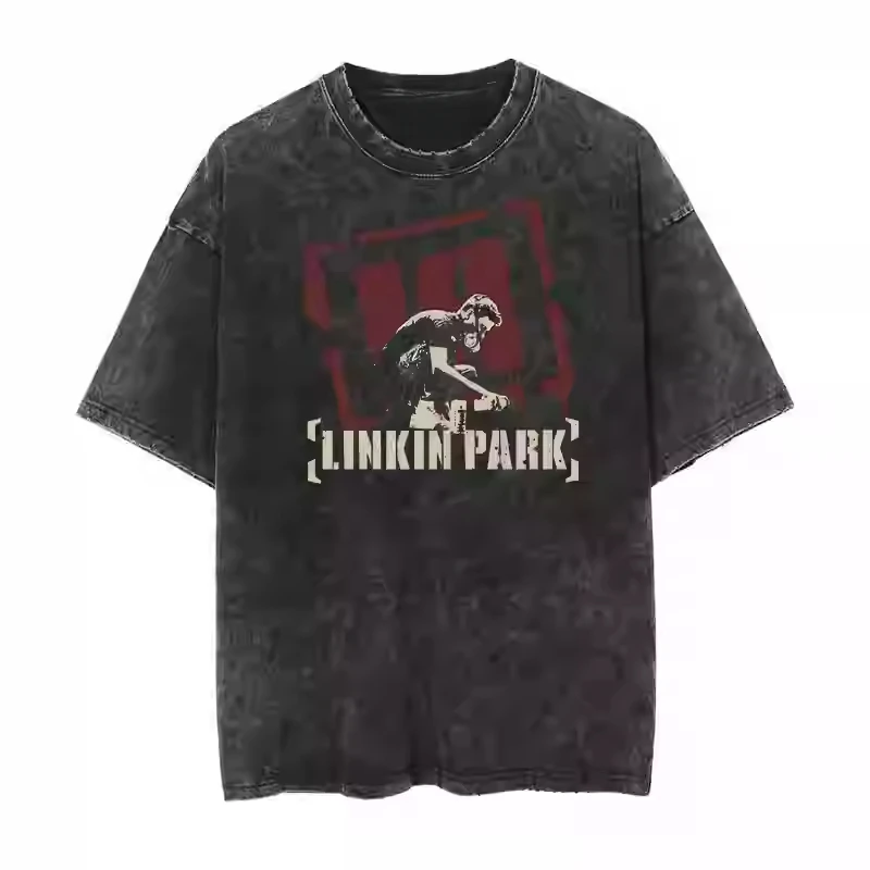 2025 novo retro e velho lavado de manga curta lincoln park rock band impresso camiseta casal solto e confortável roupas masculinas