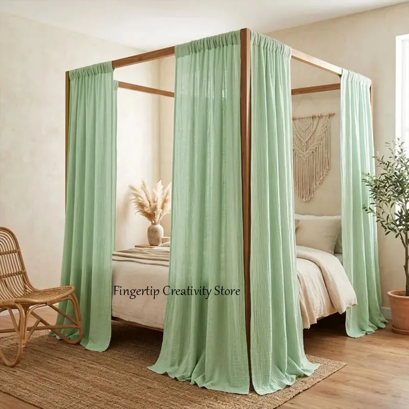 Gekräuselte 100% Baumwoll-Musselin Bettbaldachin-Paneele, Boho Schlafzimmer-Vorhänge, Weiche Atmungsaktive Vierpfosten-Bettvorhänge Wohnzimmerdekoration – Detail 7