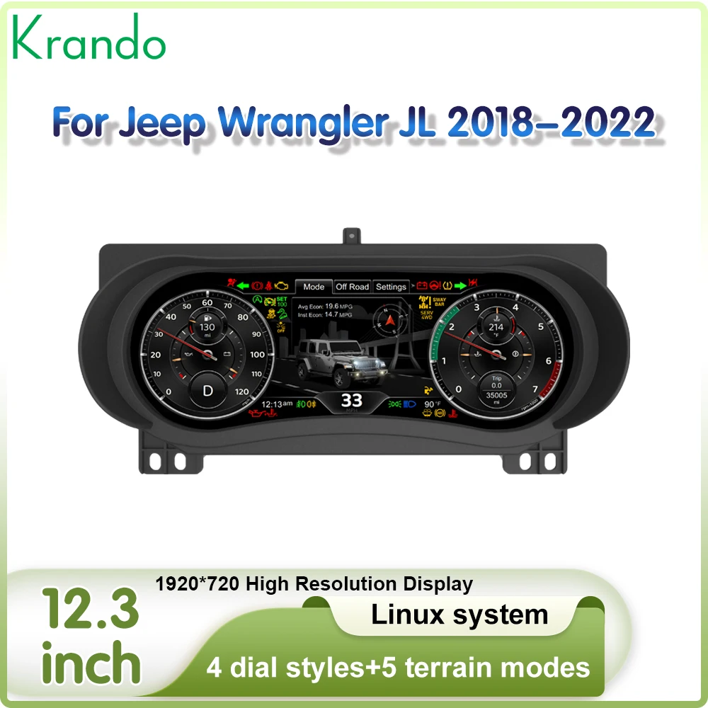 Krando 12.3'' Car LCD Digital Cluster panel For Jeep Wrangler JL 2018 - 2022 Dashboard Virtual Instrument CockPit New Upgrade