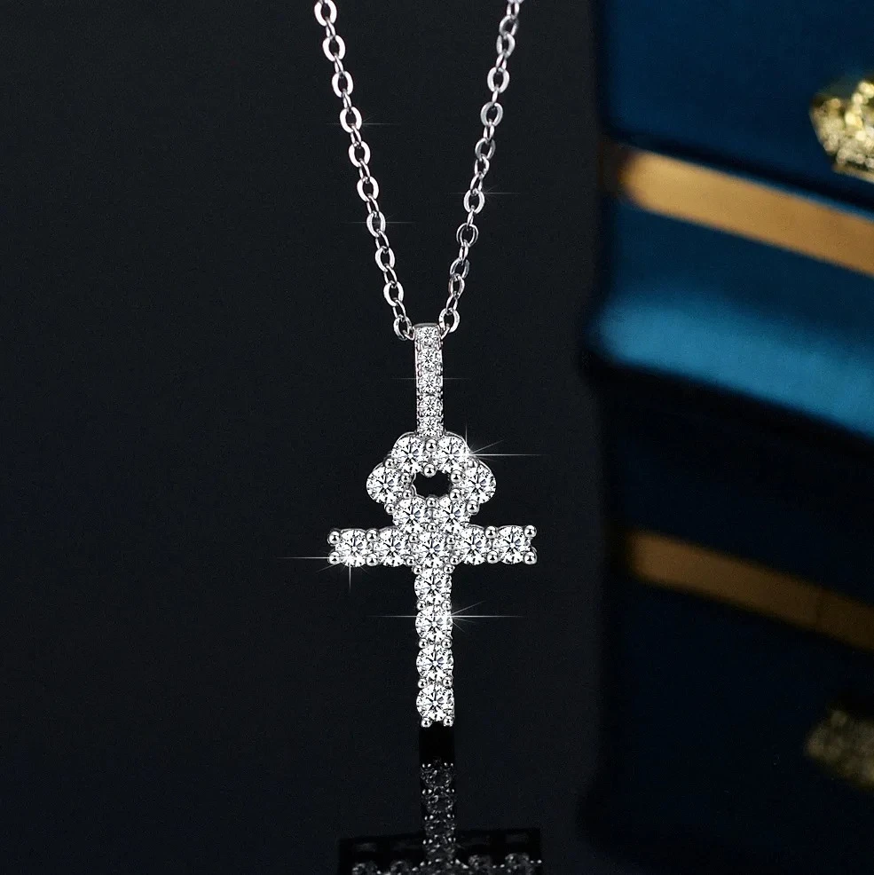 KyanGem Women's Cross Platinum PT950 Necklace 1.5 carat Mossanite Square Diamond-Studded Collarbone Chain Christmas Gifts